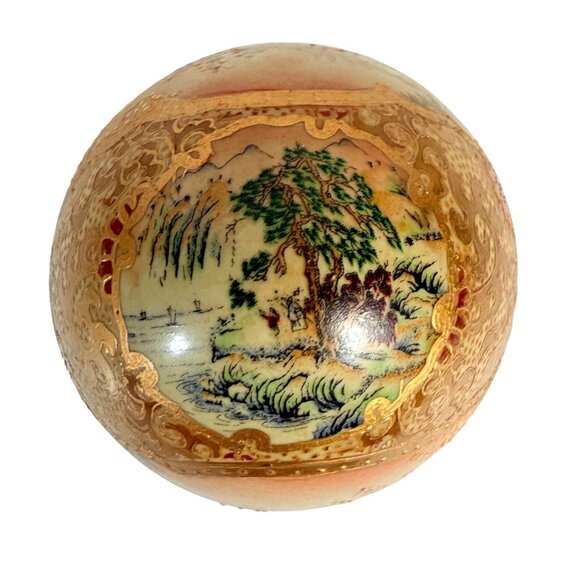 Japanese Satsuma Decorative Egg Gold Gilt Floral Landscape Glazed VTG Wooden Sta - Picture 4 of 12